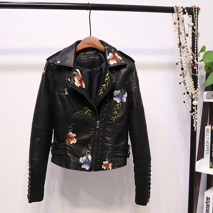 Embroidered women's faux leather biker jacket – Eleonora-Black-S-The Livary
