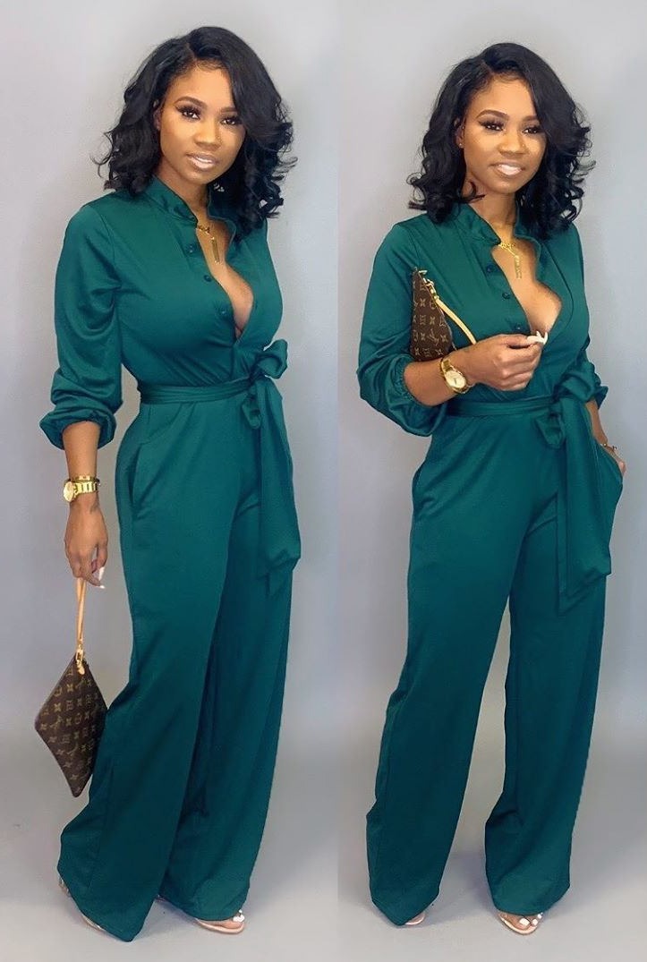 Stylish Long Sleeve Jumpsuit - Nola-Green-S-The Livary