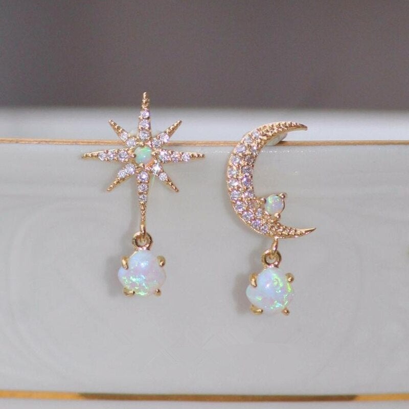 Golden Moon and Star Earrings with Opal - Aurora-The Livary