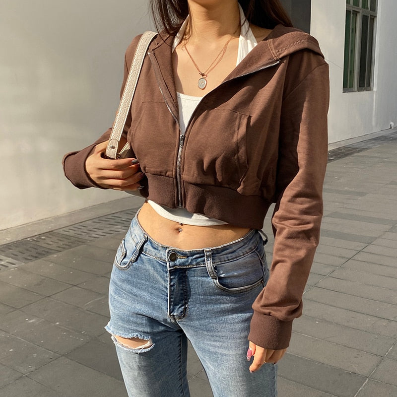 Trendy Fitted Women's Cropped Zip-Up Hoodie with Hood – Alina-Brown-S-The Livary
