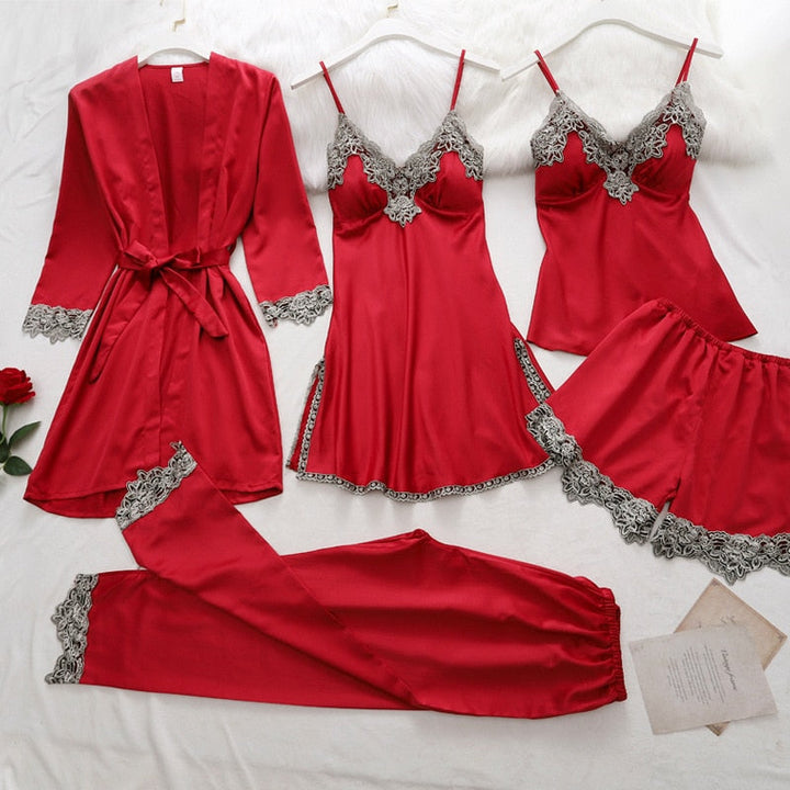 5-Piece Satin Sleep Set for Women with Lace – Amara-Dark red-XS-The Livary