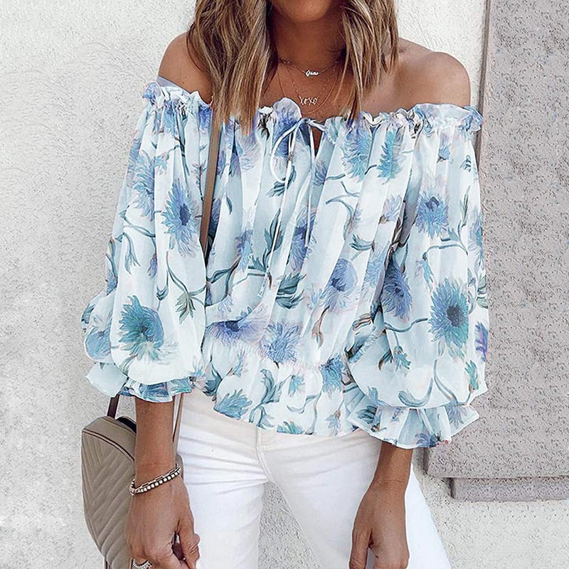 Floral Women's Chiffon Blouse with Ruffled Sleeves - Elvira-Blue-S-The Livary