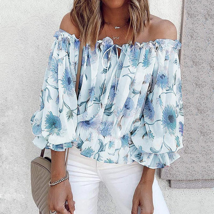 Floral Women's Chiffon Blouse with Ruffled Sleeves - Elvira-Blue-S-The Livary