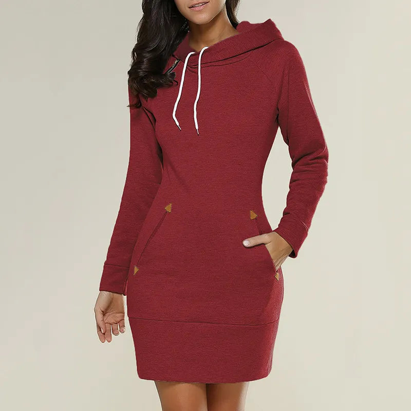 Hooded sweatshirt dress with pockets – Isabella-Red-S-The Livary