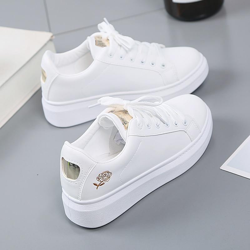 Trendy ladies' sneakers made of synthetic leather with metallic accents – Norell-White - Gold-3-The Livary