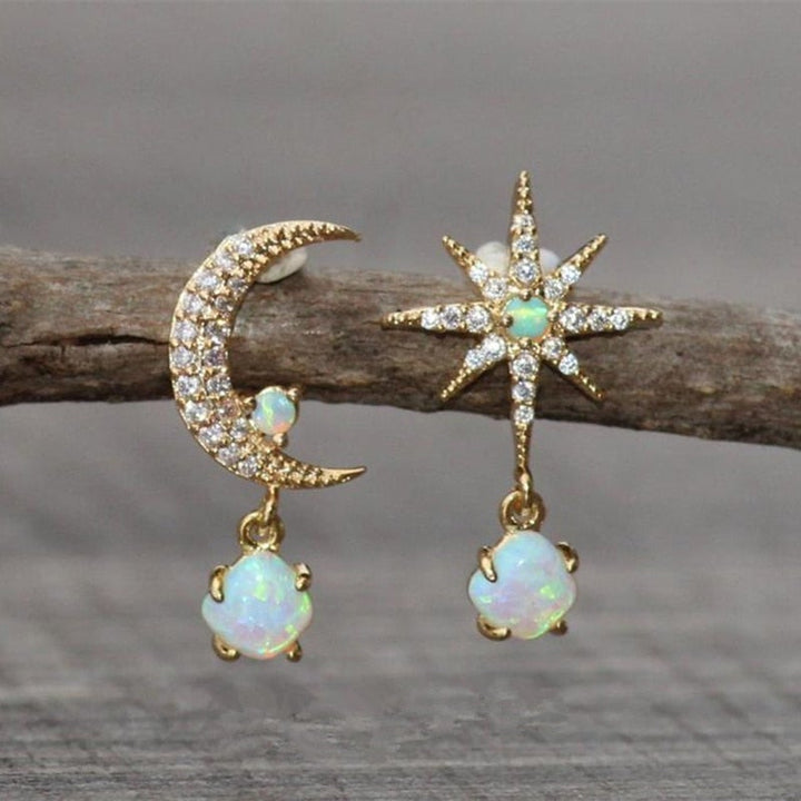 Golden Moon and Star Earrings with Opal - Aurora-The Livary