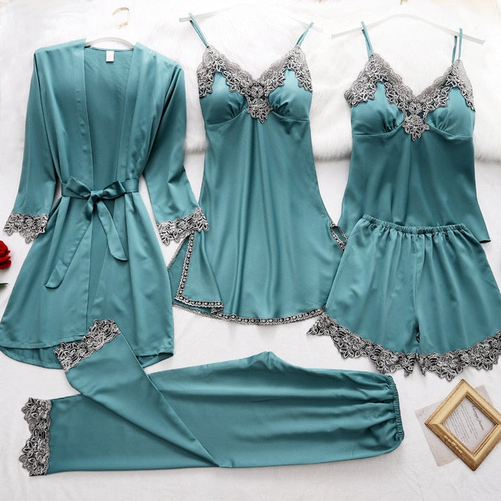 5-Piece Satin Sleep Set for Women with Lace – Amara-Green-XS-The Livary