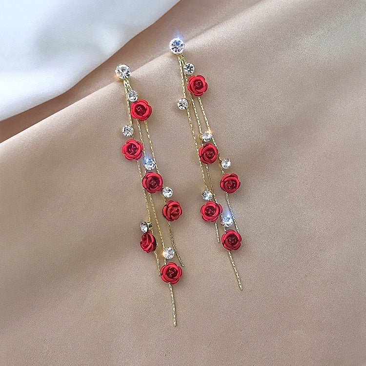 Waterfall Rose Earrings - Rosella-Red-The Livary