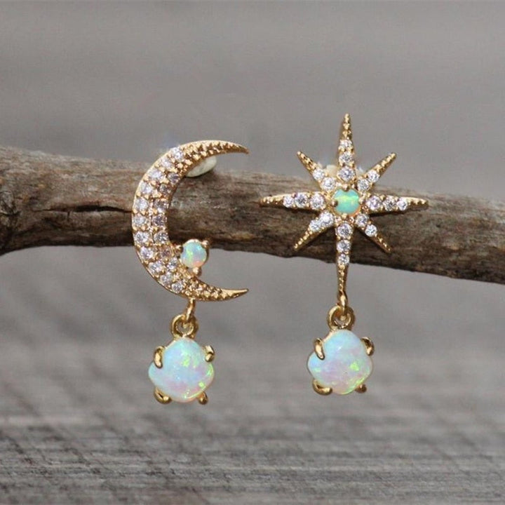 Golden Moon and Star Earrings with Opal - Aurora-The Livary