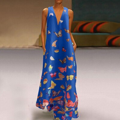 Trendy Sleeveless Maxi Summer Dress with Butterfly Print – Malia-Blue-S-The Livary