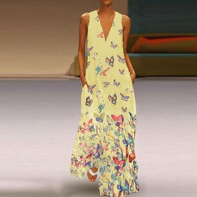 Trendy Sleeveless Maxi Summer Dress with Butterfly Print – Malia-Yellow-S-The Livary
