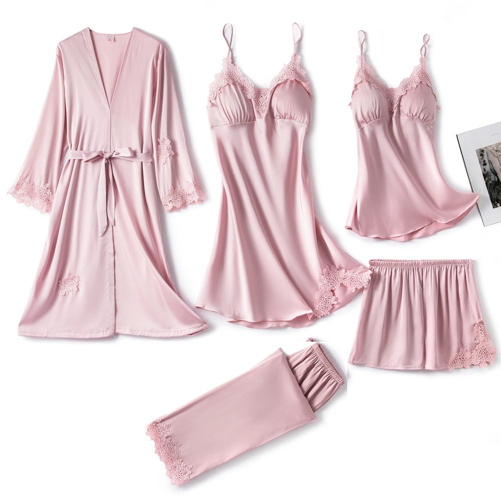 5-Piece Satin Sleep Set for Women with Lace – Amara-Light pink-XS-The Livary