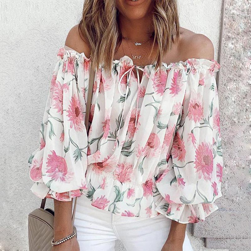 Floral Women's Chiffon Blouse with Ruffled Sleeves - Elvira-White-S-The Livary