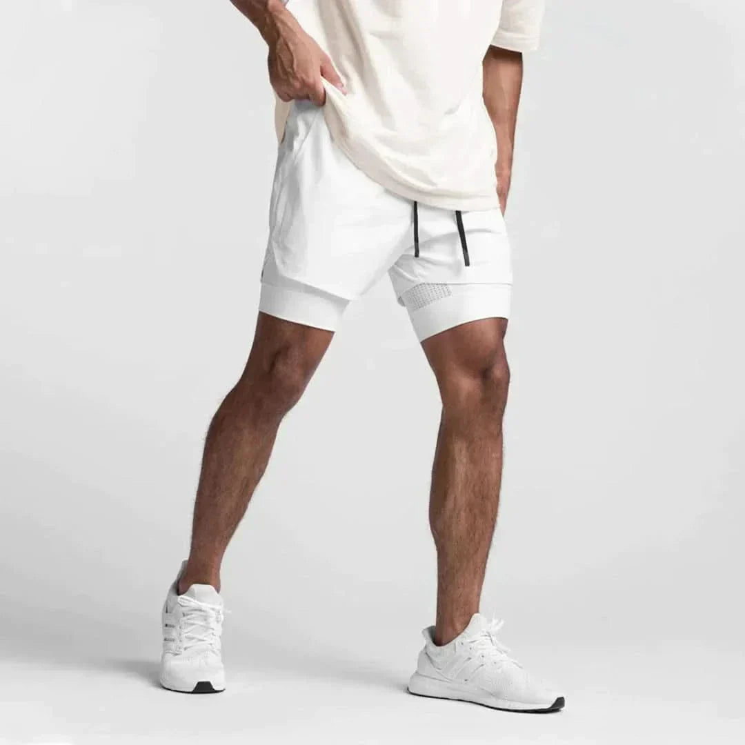 2-in-1 Men's Sports Shorts Breathable with Inner Shorts Training - Noah-White/White-S-The Livary