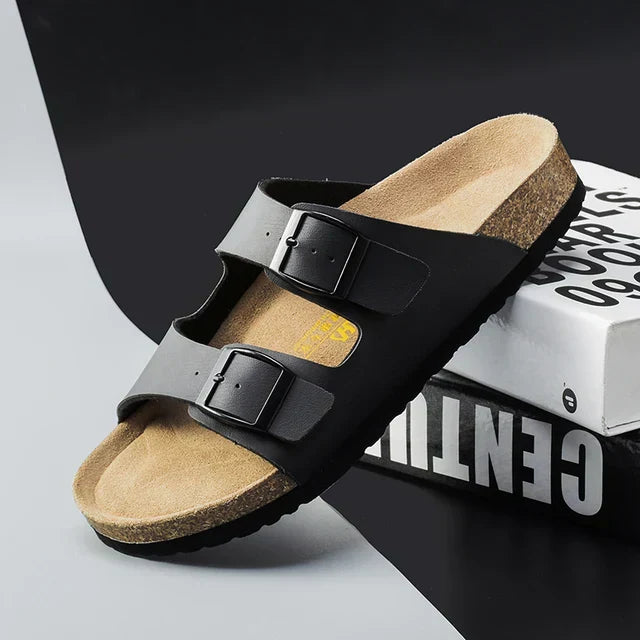 Airy & Comfortable Men's Leather Sandals with Adjustable Straps – Matteo-Black-3.5-The Livary