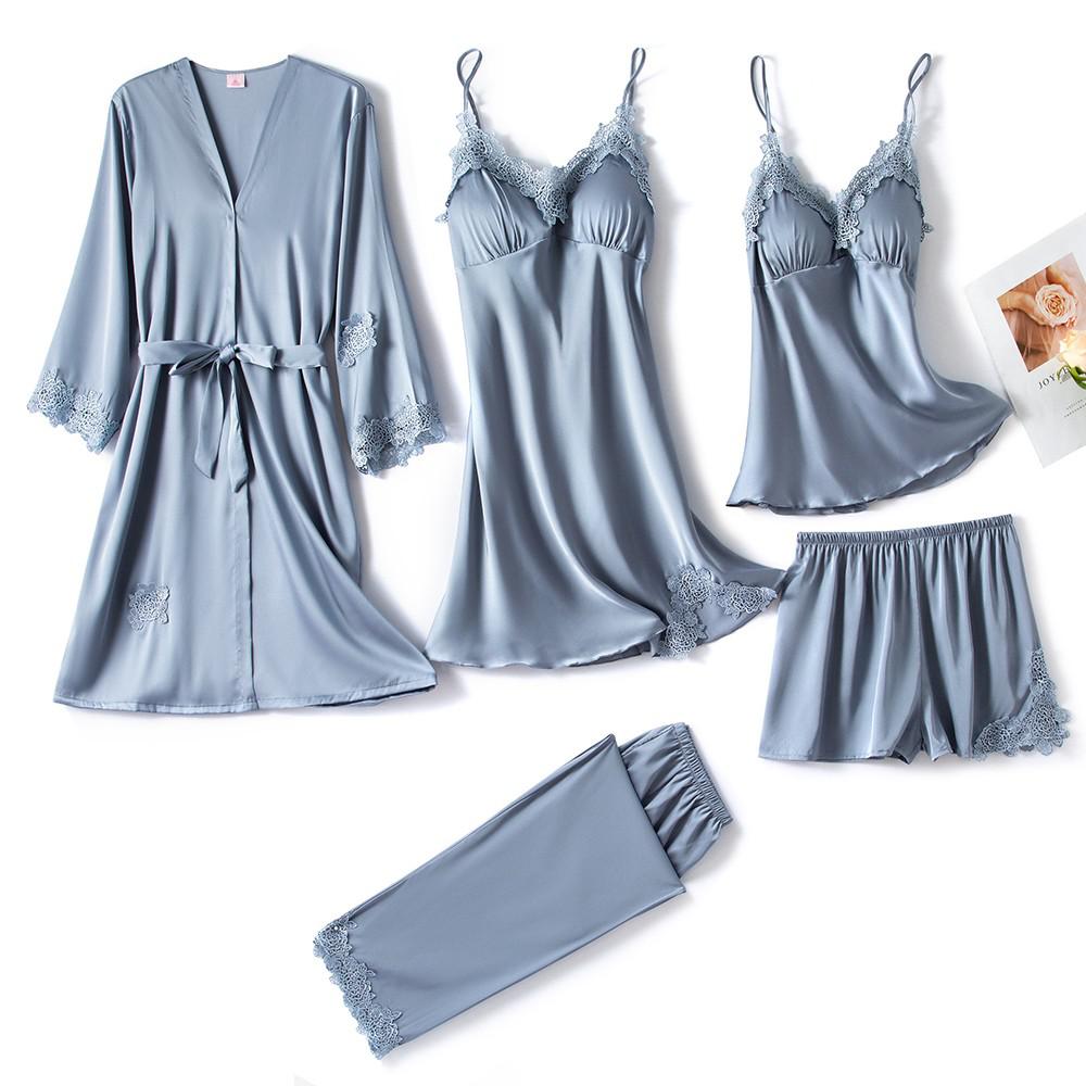 5-Piece Satin Sleep Set for Women with Lace – Amara-Light blue-XS-The Livary