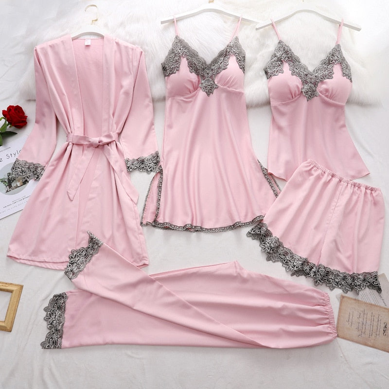 5-Piece Satin Sleep Set for Women with Lace – Amara-Dark pink-XS-The Livary