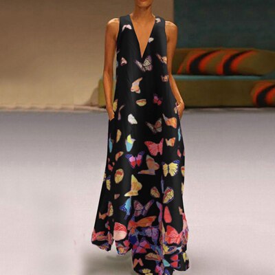 Trendy Sleeveless Maxi Summer Dress with Butterfly Print – Malia-White-S-The Livary