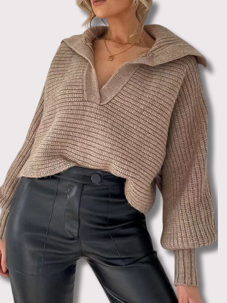 Knitted V-Neck Sweater - Isolde-Khaki-S-The Livary