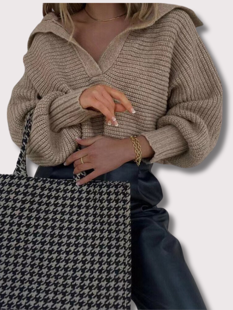 Knitted V-Neck Sweater - Isolde-Khaki-S-The Livary