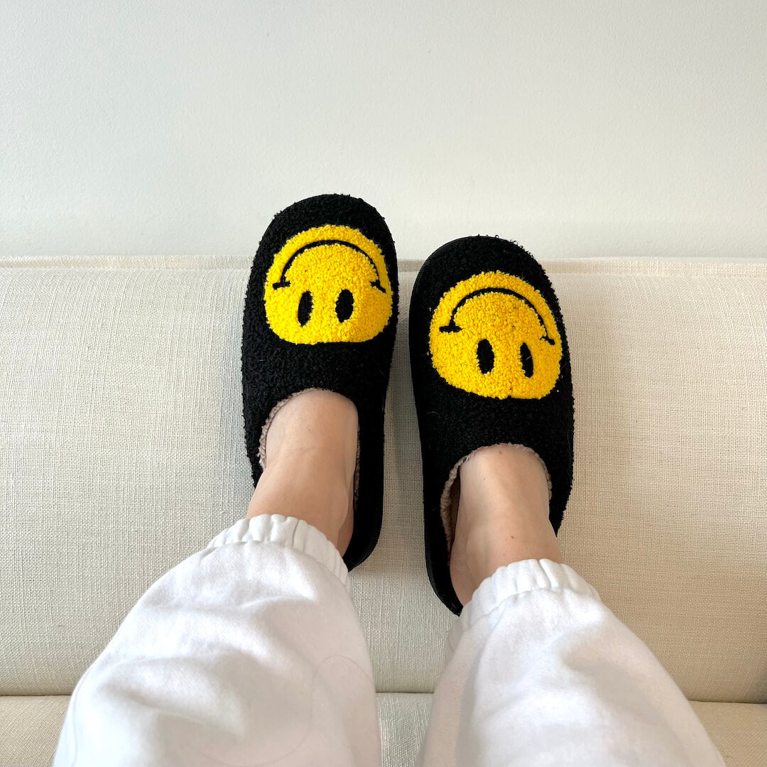 Ladies Slippers - CheerUp-Black with yellow smiley-2.5-3.5-The Livary