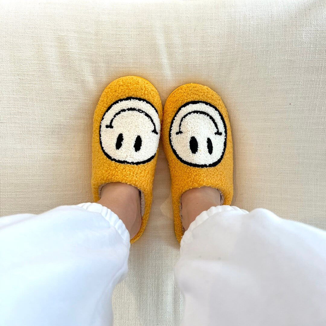 Ladies Slippers - CheerUp-Yellow with white smiley-2.5-3.5-The Livary