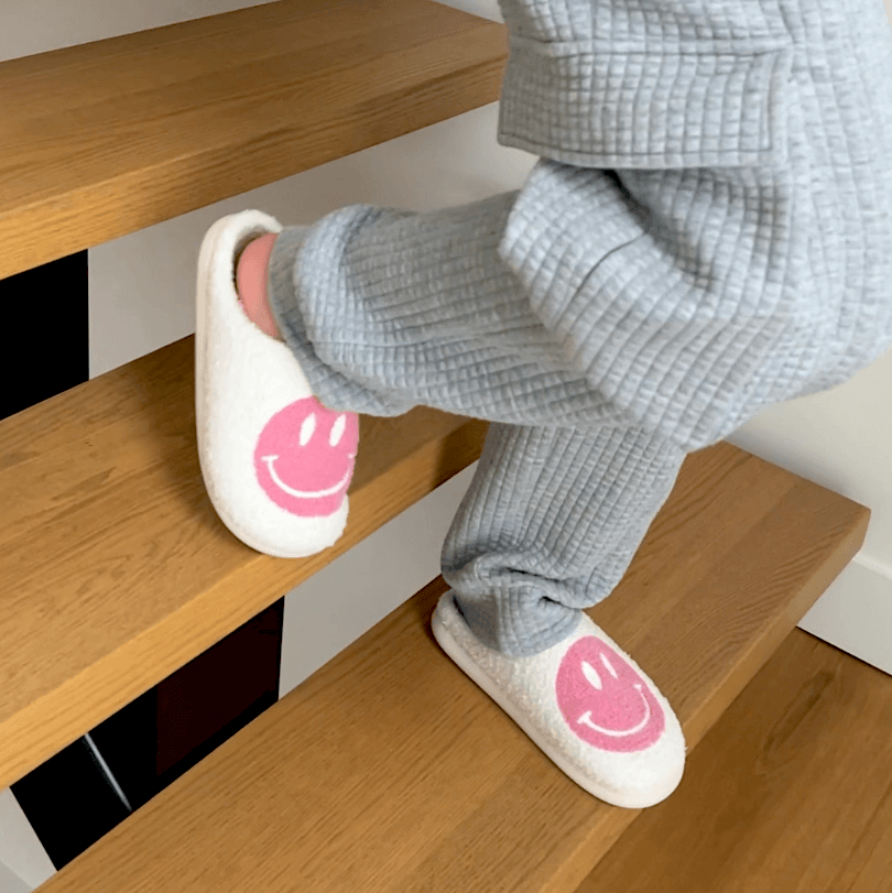 Ladies Slippers - CheerUp-White with yellow smiley-2.5-3.5-The Livary