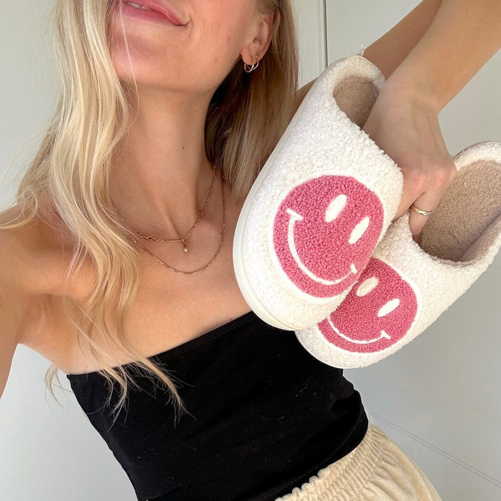 Ladies Slippers - CheerUp-White with pink smiley-2.5-3.5-The Livary