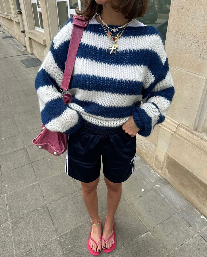 Knitted and Striped Oversized Women's Sweater - Harper-Blue and White-XS/S-The Livary