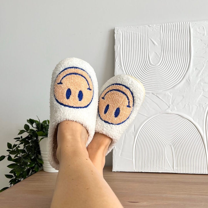 Ladies Slippers - CheerUp-White with yellow smiley Retro-2.5-3.5-The Livary