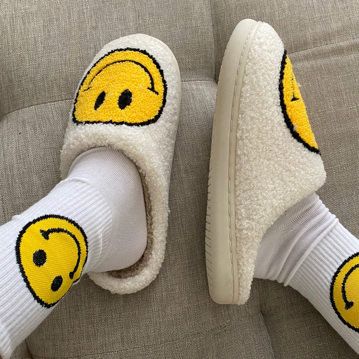 Ladies Slippers - CheerUp-White with yellow smiley-2.5-3.5-The Livary