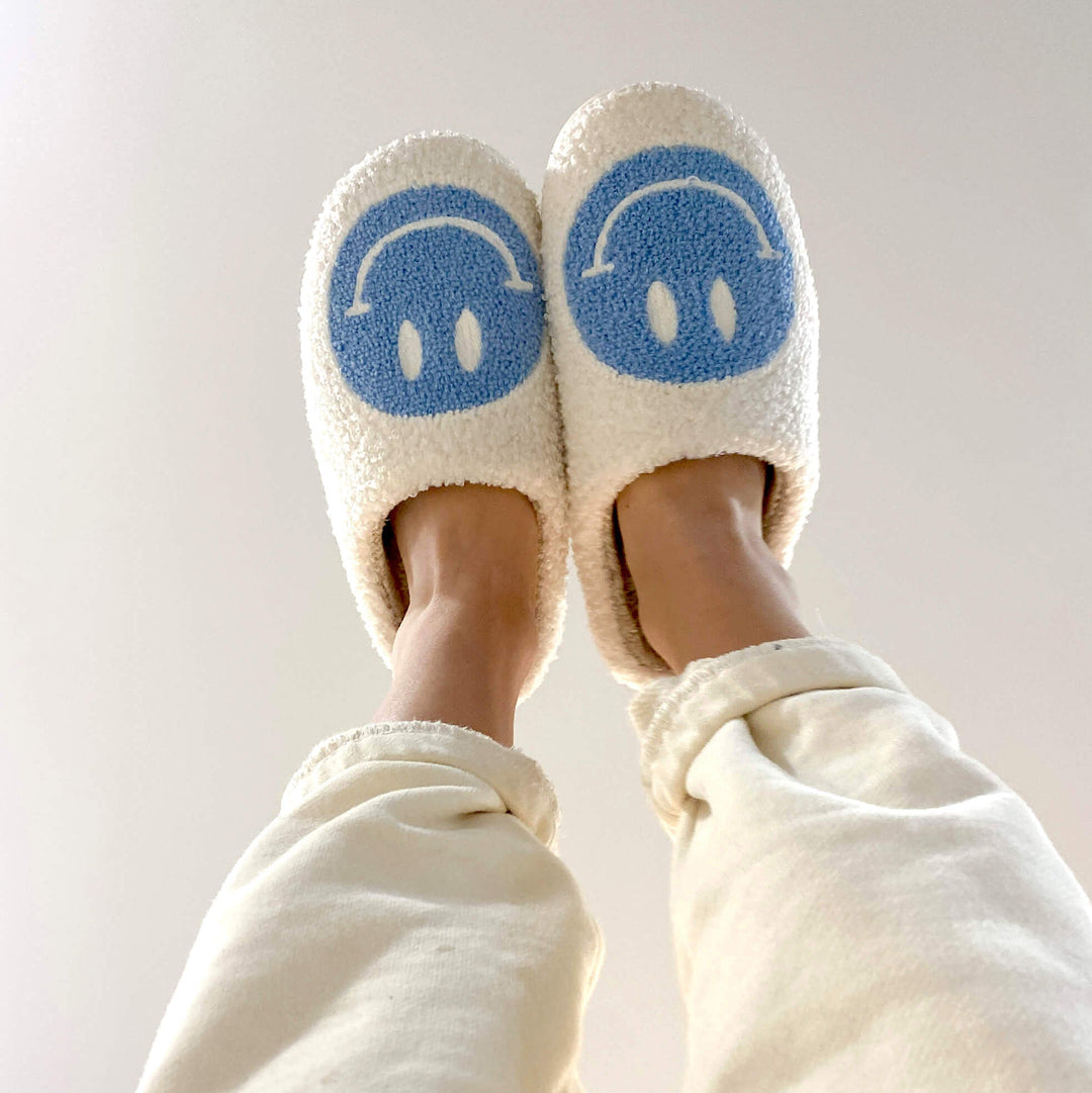 Ladies Slippers - CheerUp-White with blue smiley-2.5-3.5-The Livary