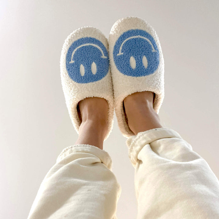 Ladies Slippers - CheerUp-White with blue smiley-2.5-3.5-The Livary