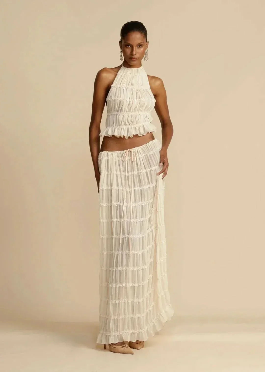 Two-piece summer outfit for women with boho skirt and off-the-shoulder top – Alina-White-S-The Livary