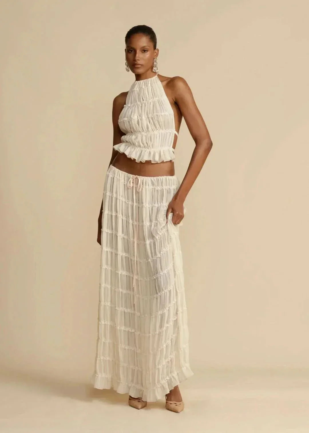 Two-piece summer outfit for women with boho skirt and off-the-shoulder top – Alina-White-S-The Livary