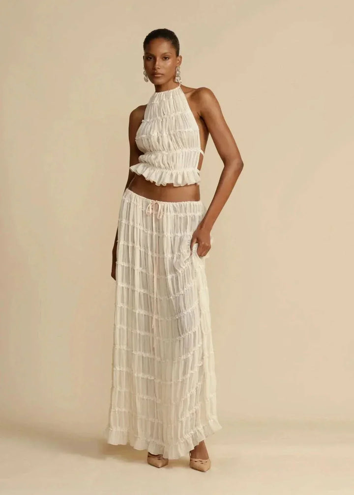Two-piece summer outfit for women with boho skirt and off-the-shoulder top – Alina-White-S-The Livary