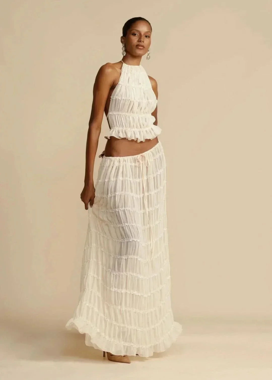 Two-piece summer outfit for women with boho skirt and off-the-shoulder top – Alina-White-S-The Livary
