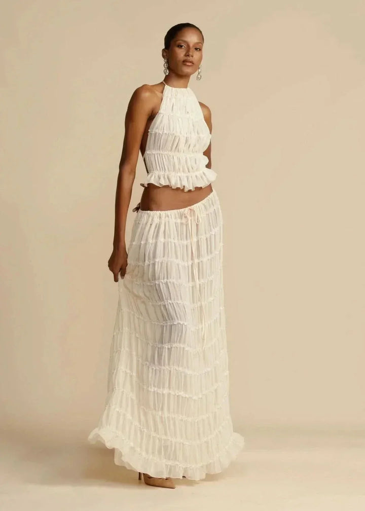 Two-piece summer outfit for women with boho skirt and off-the-shoulder top – Alina-White-S-The Livary