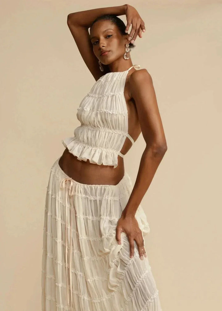 Two-piece summer outfit for women with boho skirt and off-the-shoulder top – Alina-White-S-The Livary