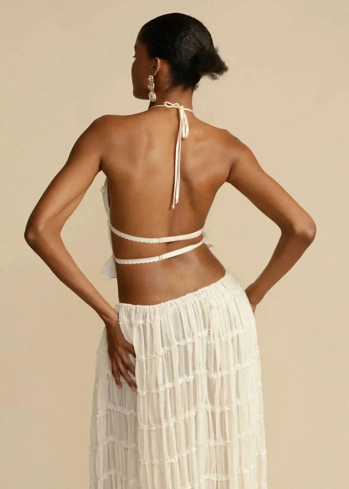 Two-piece summer outfit for women with boho skirt and off-the-shoulder top – Alina-White-S-The Livary