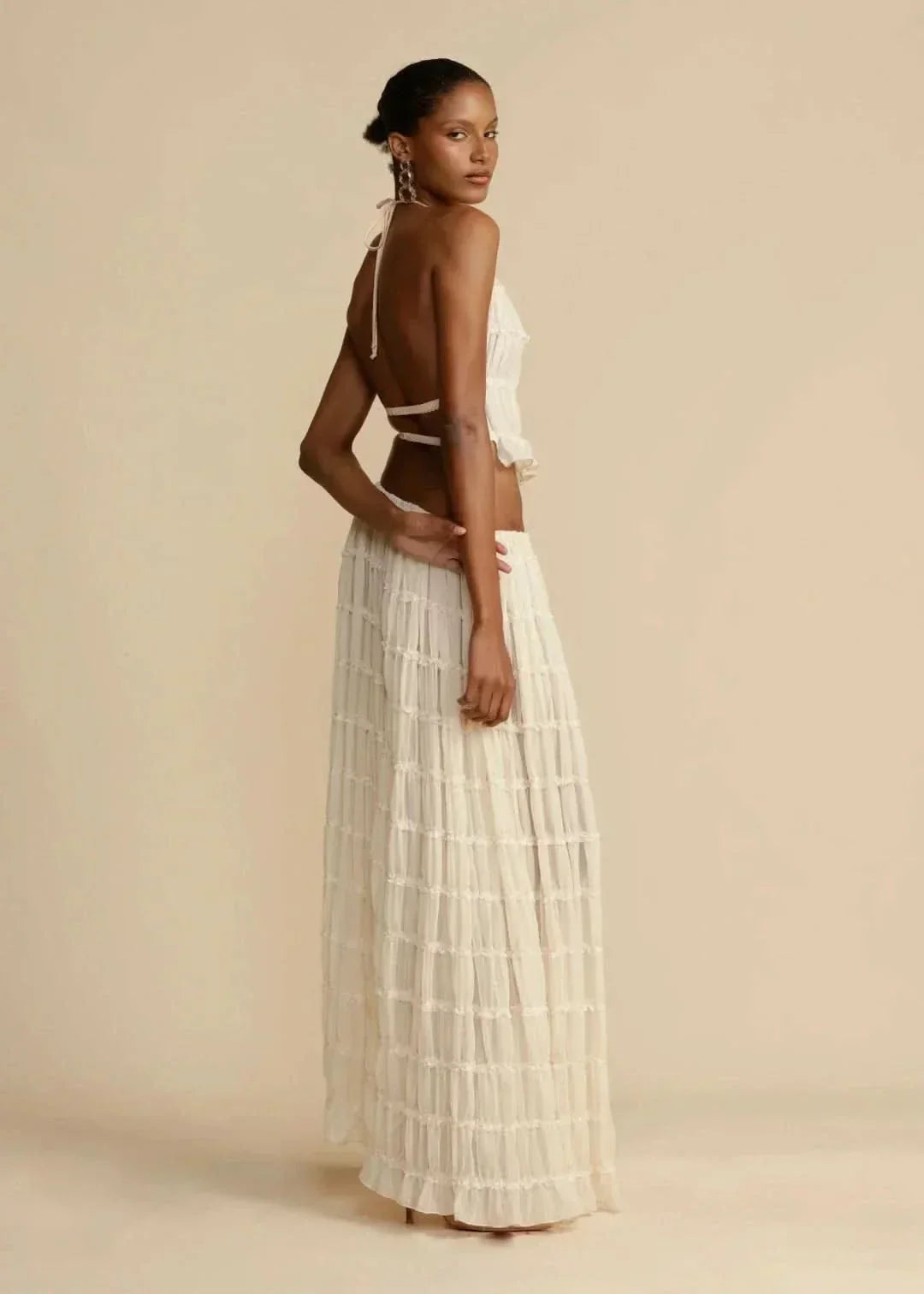 Two-piece summer outfit for women with boho skirt and off-the-shoulder top – Alina-White-S-The Livary
