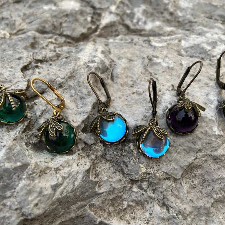 Round Antique Gold Dragonfly Earrings - Elyse-Green-The Livary