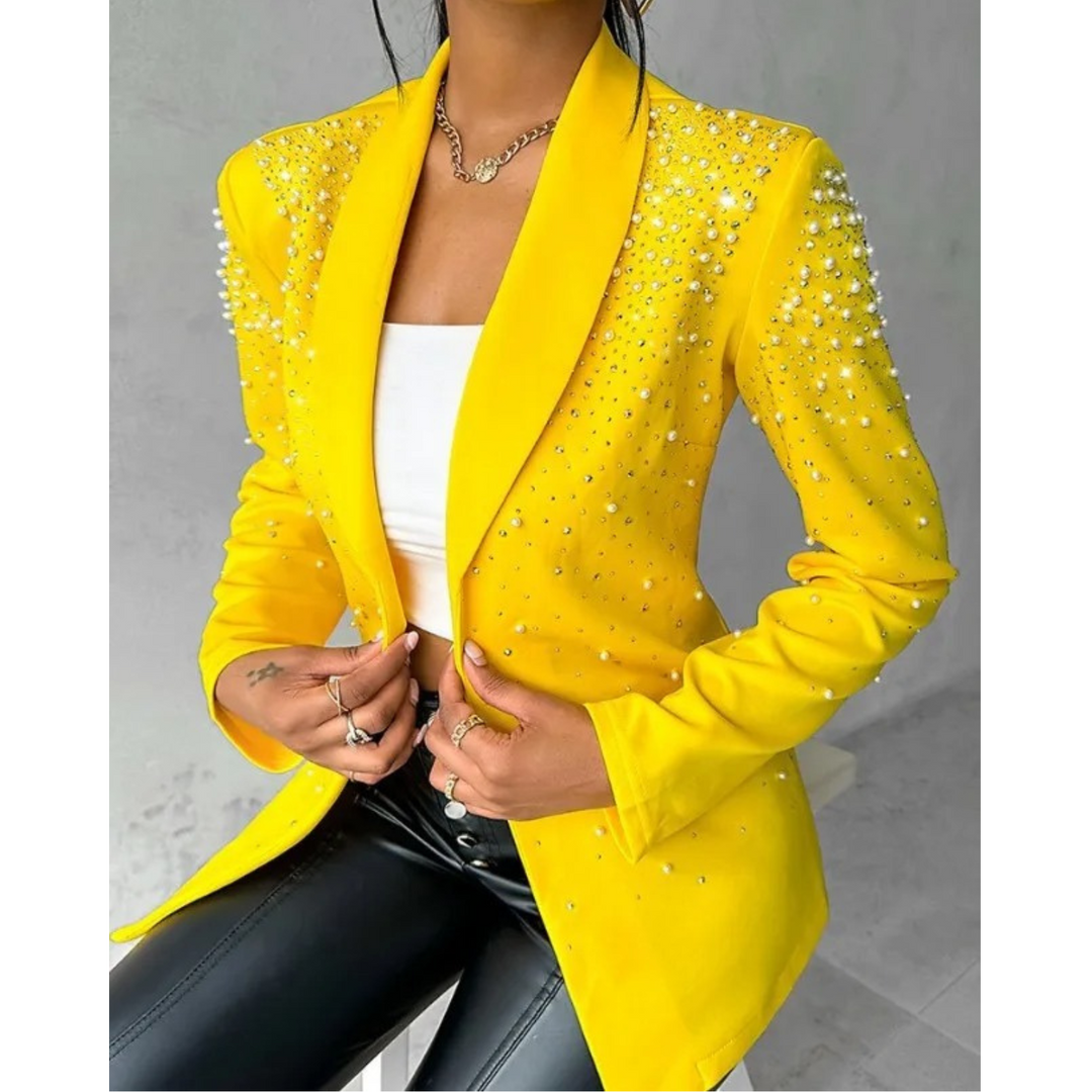 Slim Ladies Blazer with Pearl Details - Amara-Yellow-S-The Livary