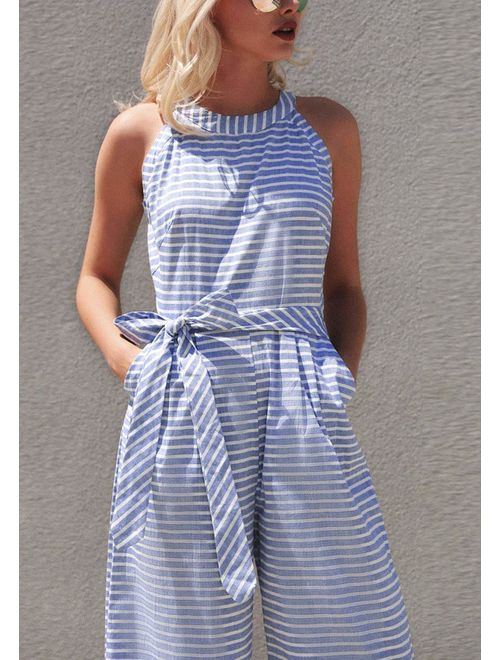 Striped summer jumpsuit for women with wide leg and V-neck – Alina-Blue-S-The Livary