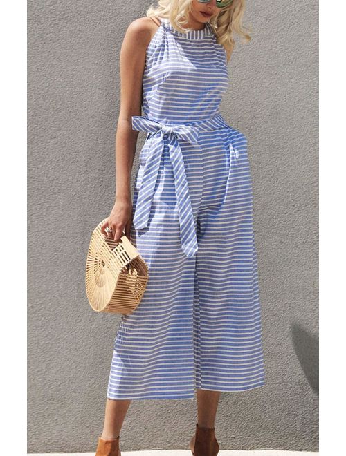 Striped summer jumpsuit for women with wide leg and V-neck – Alina-Blue-S-The Livary