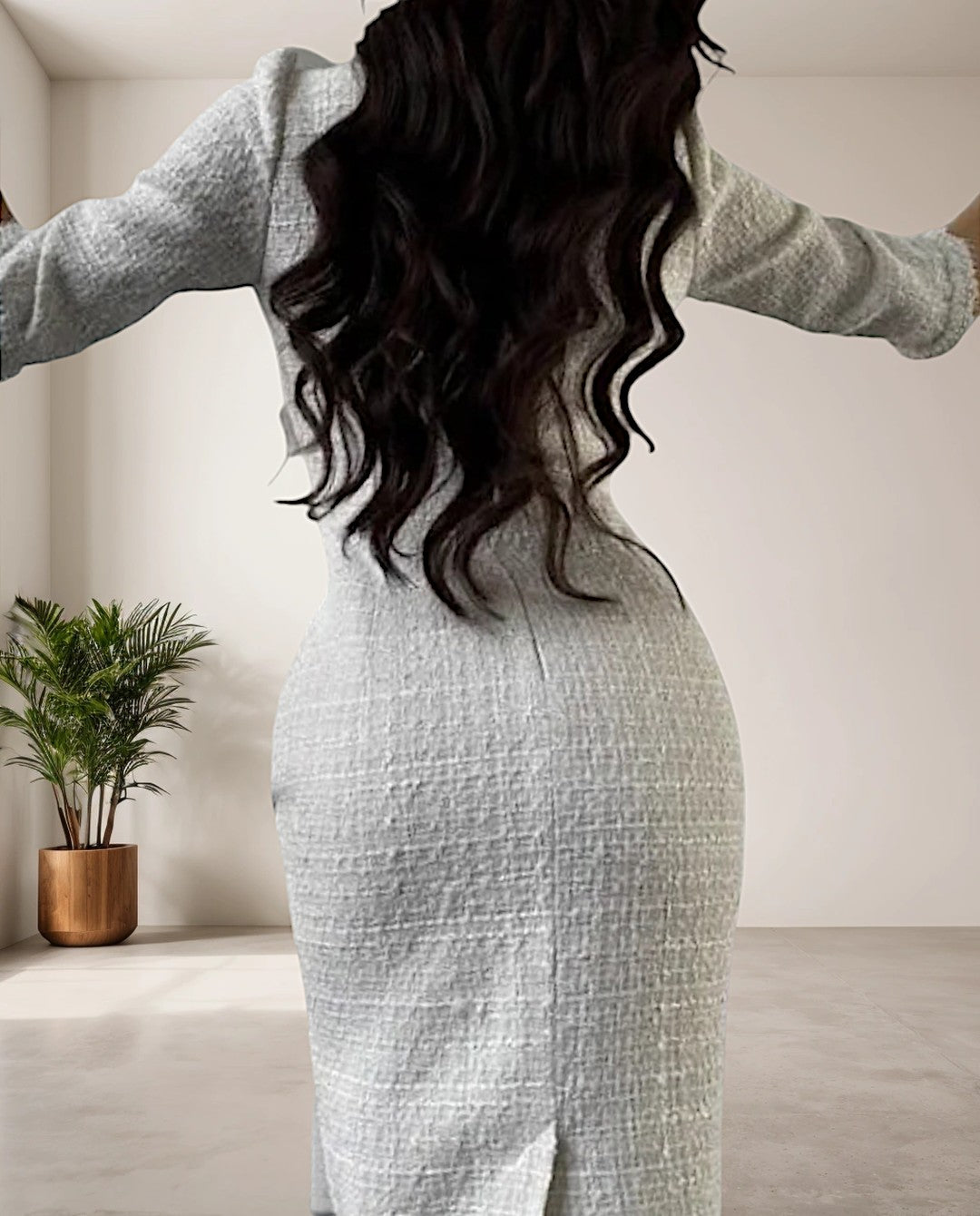 Chic White Tweed Dress with Round Neck - Eveline-S-The Livary