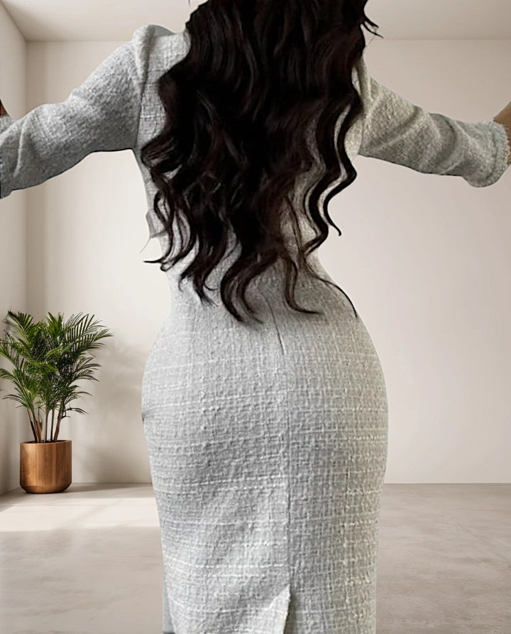 Chic White Tweed Dress with Round Neck - Eveline-S-The Livary