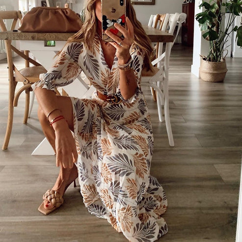 Airy Summer Dress with Leaf Print - Livia-S-The Livary