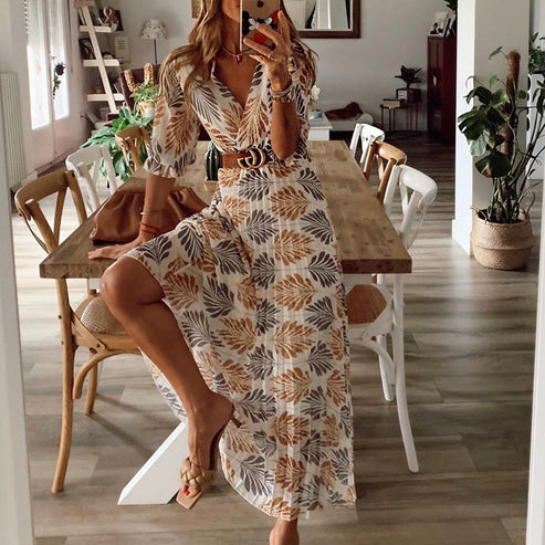 Airy Summer Dress with Leaf Print - Livia-S-The Livary
