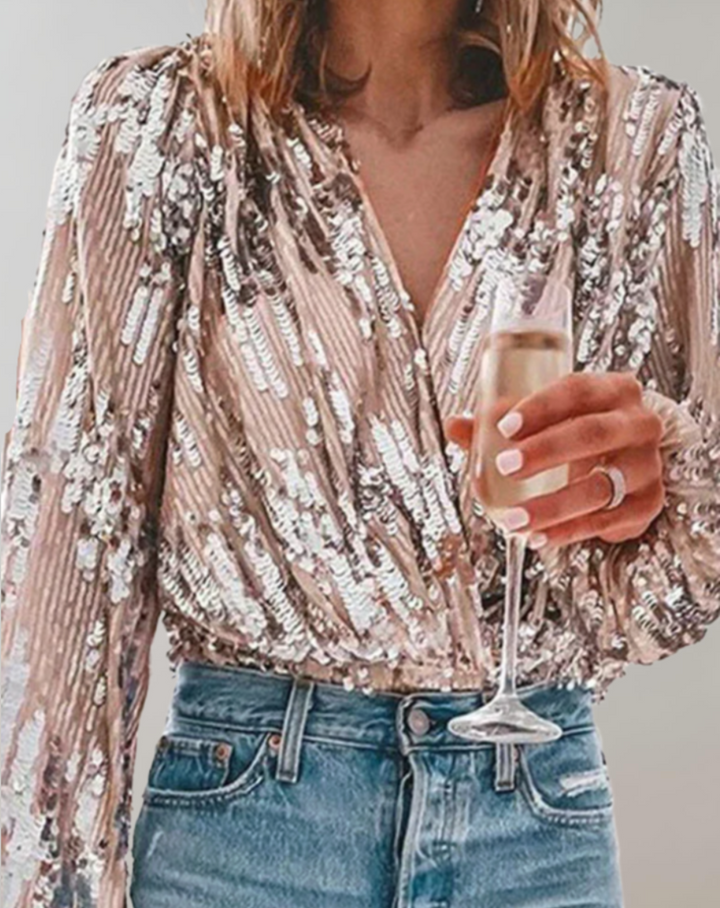 Shimmering Top with Lantern Sleeves and V-Neck - Celia-S-The Livary